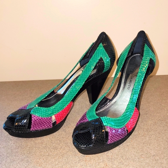 💚Vintage Vince Camuto Multi Color Faux Snakeskin Peep Toe Shoes Pumps💚 - Picture 2 of 9